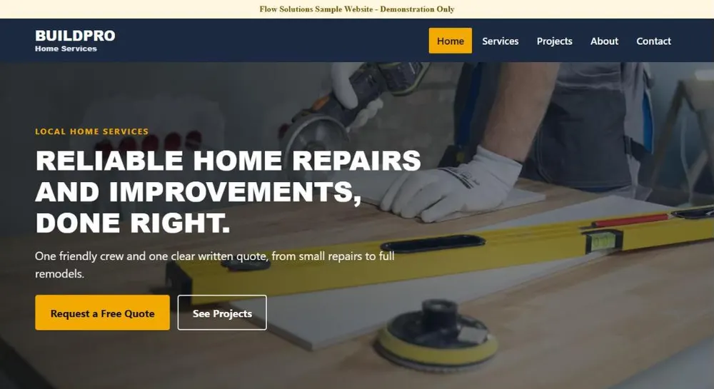 Sample home-services website with a contractor measuring and cutting a tile